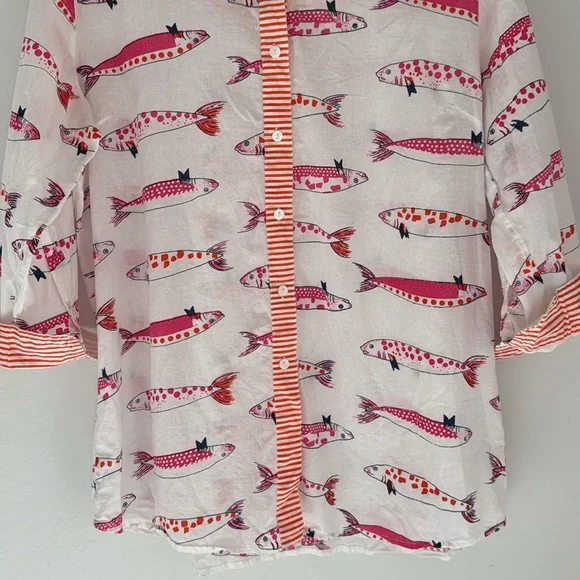 Gretchen Scott Blouse Womens XL Fish Print Button Up Shirt Beach Vacation Cotton - Picture 4 of 12
